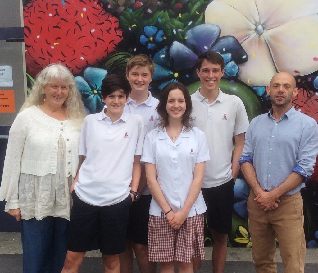 Ursula Cheer presented the $1000 prize to 2019 Student Challenge winners Ed Daniels, Skyler Morison, Hannah Daniels and Oli Price, with teacher Brett McKersey.