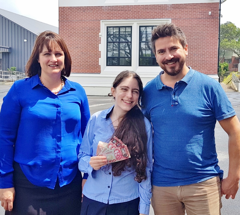 2nd prize winner, Isabella Pezza with the Deputy Principal of Takapuna Grammar, Carol Bashford and HOD Media Studies, Sam Lilley.